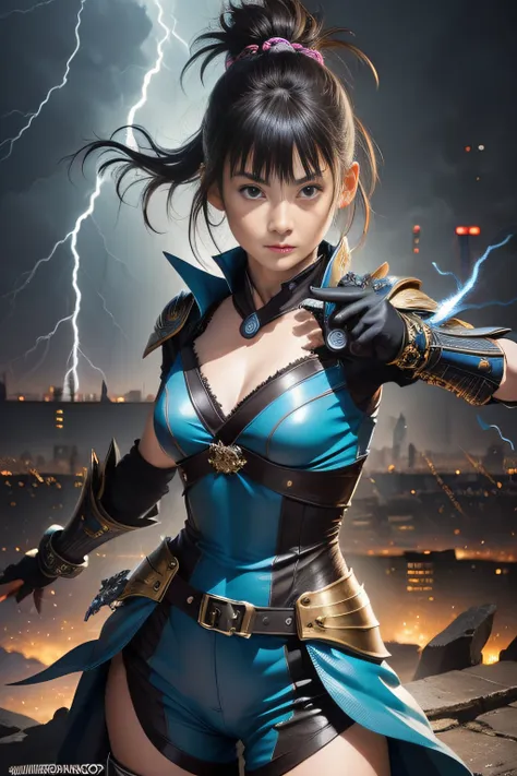 the background is city,1girl,solo,full body,ninja costume,aura of thunder and lightning,fighting,(detailed face,detailed hands,d...