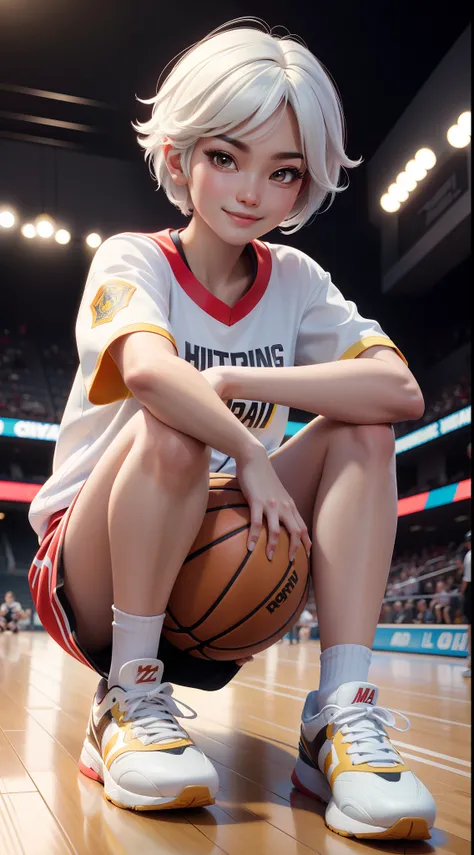 hoang lap，A high resolution，ultra - detailed，offcial art，Unity8k wallpapers，ultra - detailed，Beauty and aesthetics，Obra-prima，best qualtiy，with short white hair，Dark  skin，Cute handsome smiling girl，Wear a basketball shirt，sports arena，sat on the ground（（H...