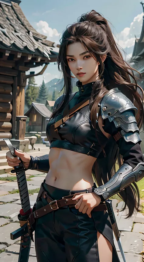 Yaso、League of Legends、yasuo_(lize_In the_legends)、1 juvenile、arma、Male Focus、The sword、facial hairs、独奏、a beard、scabbard、poneyTail、brown haired、ngel、length hair、arma、s Armor、Brown-eyed、outside of house、holds a sword、Knives、musculature、The tree、looking at t...