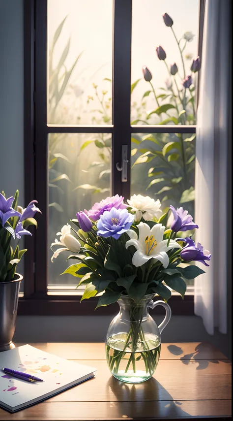 in the early morning，On the desk in front of the window was a bouquet of flowers wrapped in paper， himawari， Miniature violet，carnation，the lilies， morningglow， Sunny morning， Feel satisfied， Feel cared for， Charming， dream magical， pastelcolor， Watercolor...