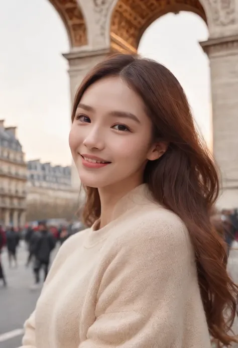 (8K、top-quality、​masterpiece:1.2)、 (realisitic、Photorealsitic:1.37)、 ultra-detailliert、DJ Soda、 1 girl in、full body Esbian、Wearing a turtleneck sweater and skinny jeans、Stand in the streets of Paris with the Arc de Triomphe in the background、 cute little、独...