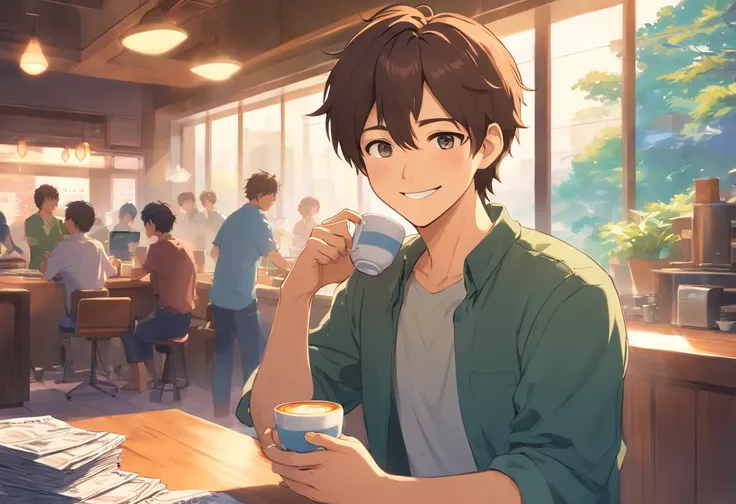 A Man,Smiling,Relaxing,goodlooking,Middle age,PC is in front of a man,There are a lot of bills piled around him,Holding a coffee cup in his hand,Bright image、Clear facial expressions