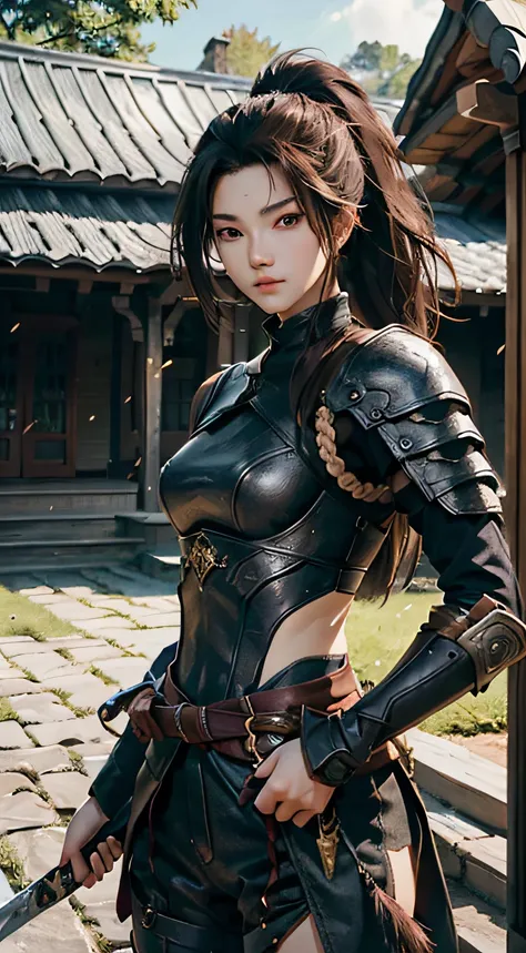 Yaso、League of Legends、yasuo_(lize_In the_legends)、1 juvenile、arma、Male Focus、The sword、facial hairs、独奏、a beard、scabbard、poneyTail、brown haired、ngel、length hair、arma、s Armor、Brown-eyed、outside of house、holds a sword、Knives、musculature、The tree、looking at t...