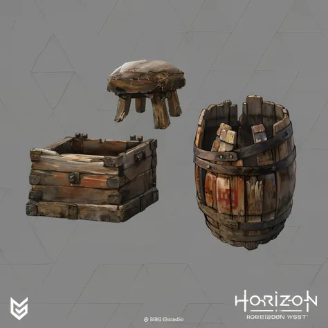 Close-up of wooden barrels and wooden benches, Horizon Forbidinsi, game assets, object concept art, game assets, video game assets, video game assets, seperated game asset, video game assets, rpg game environment asset, ultra detailed concept art, Wooden b...