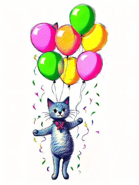 a white cat holding a bunch of balloons in its paws, kawaii cat,, cat floating in the air, !!!! cat!!!!, nice picture,
3d render...