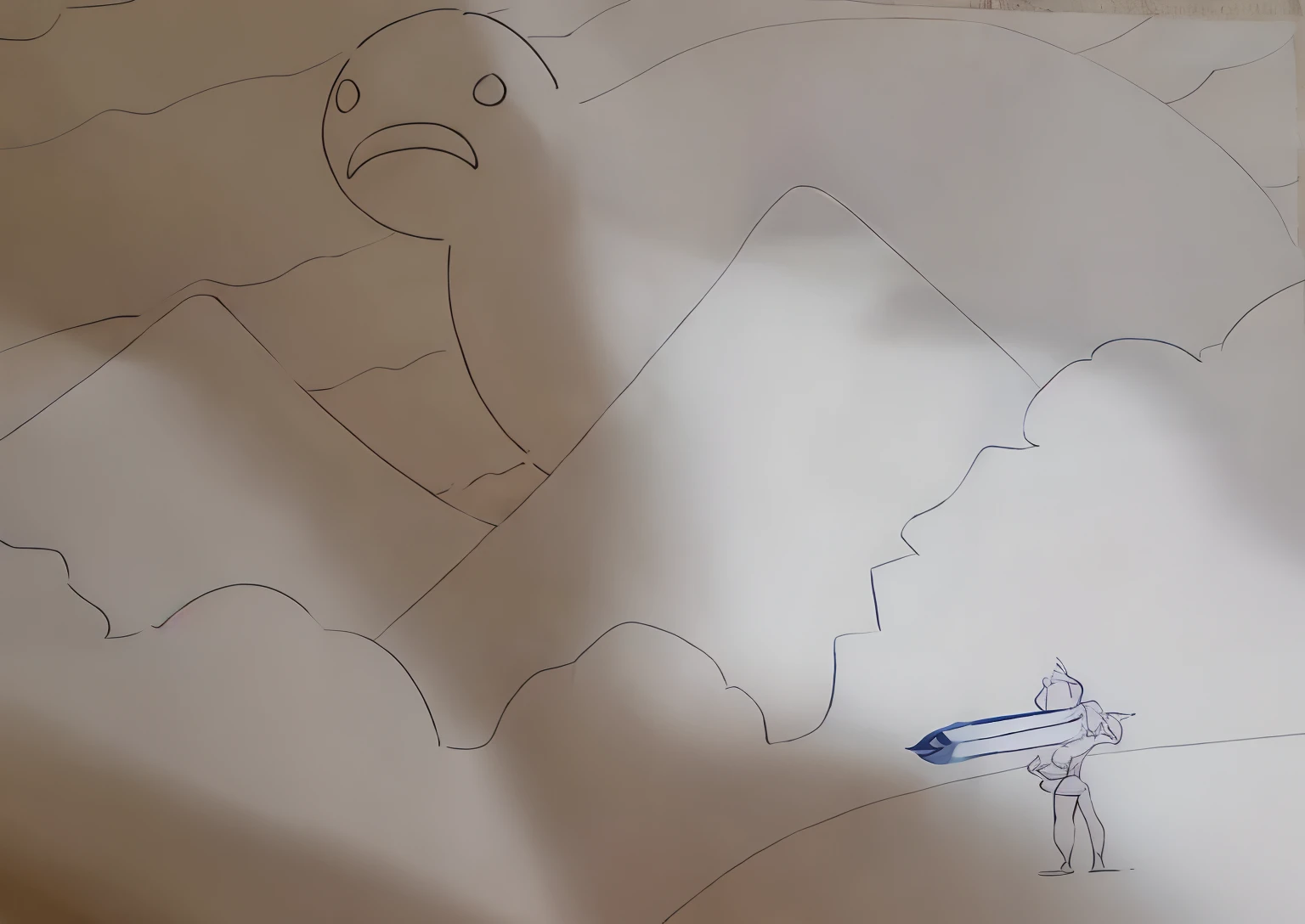 someone is drawing a picture of a man on a surfboard, drawn on white parchment paper, sketch of a lucid dream, paper drawing, drawing on a parchment, outlined art, kids fantasy drawing, ink outline, ink outlines, drawn on paper, dragon flying in the backgr...