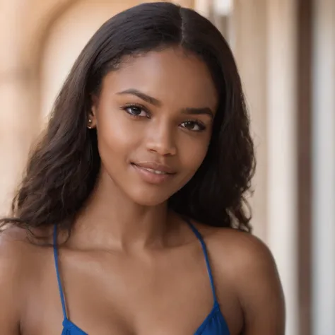 "ultra-realistic image of a gorgeous south African 19 years old, caramel skin, ultrasharp face, wearing blue bikini, small breast, skinny, ultra thin waist, black hair, curly afro hair ,big ass, gigantic hip bones, standing on balcony, facing cape town bea...