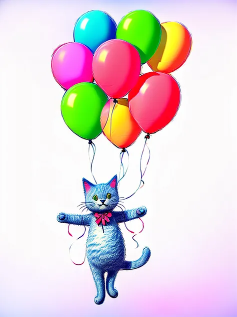 A white cat holding a bunch of balloons in its paws, kawaii cat,, cat floating in the air, !!!! Cat!!!!, nice picture,
3D rendering