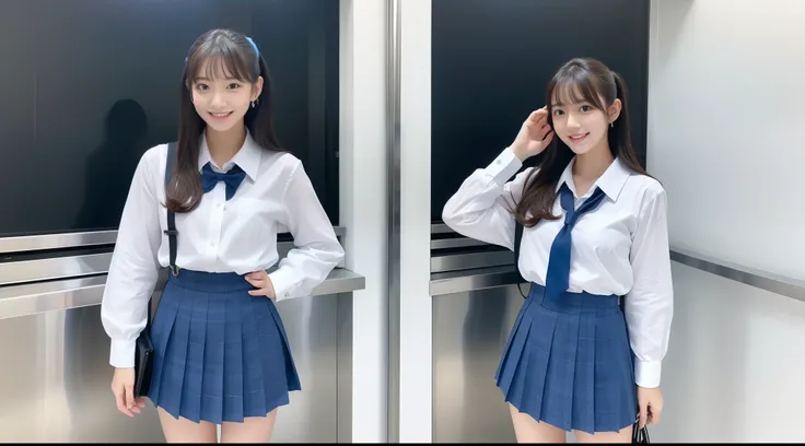 Blue miniskirt schoolgirl in white shirt