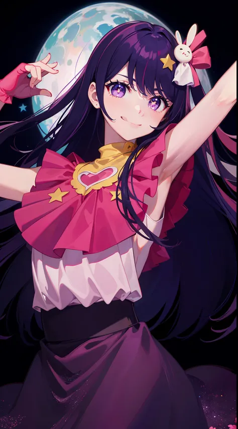 (best quality), (ultra_detailed), finely detail, (Depth of field), HshinoAi,gloves, tongue out, tongue, long hair, star (symbol), looking at viewer, (purple hair:1.2), purple eyes, upper body, hair ornament, :p, frills, pink shirt, smile, sleeveless, shirt...