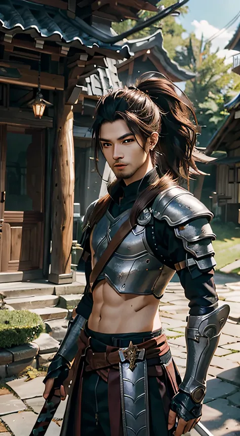 Yaso、League of Legends、yasuo_(lize_In the_legends)、1 juvenile、arma、Male Focus、The sword、facial hairs、独奏、a beard、scabbard、poneyTail、brown haired、ngel、length hair、arma、s Armor、Brown-eyed、outside of house、holds a sword、Knives、musculature、The tree、looking at t...