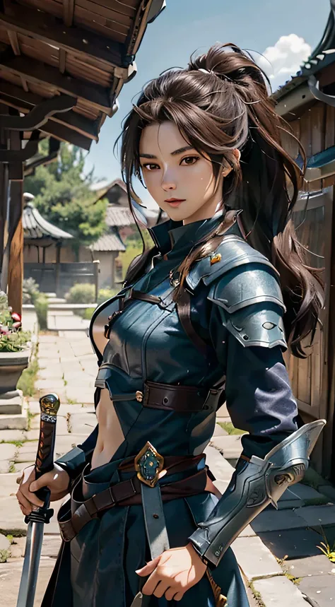 Yaso、League of Legends、yasuo_(lize_in the_legends)、1 juvenile、arma、Male Focus、The sword、facial hairs、独奏、a beard、scabbard、poneyTail、brown haired、ngel、length hair、arma、s Armor、Brown-eyed、outside of house、holds a sword、Knives、musculature、The tree、looking at t...