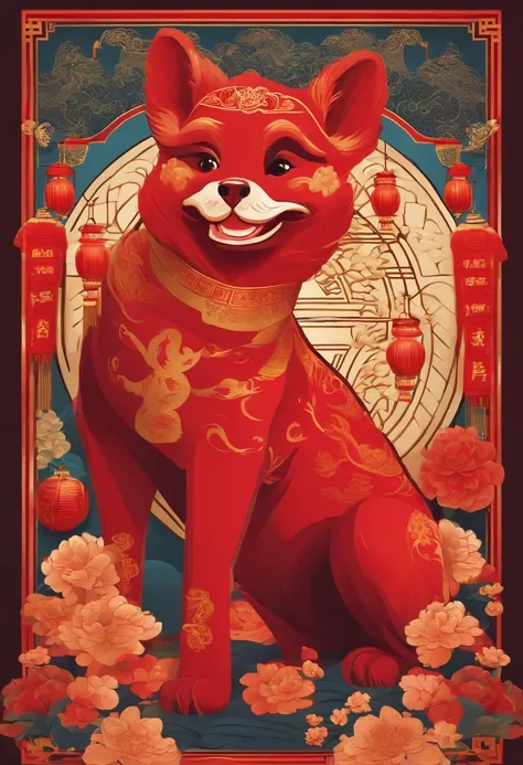 Chinese New Year，The Year of the Dog，Big red，cartoony，Commercial posters，There are decorations around，delight