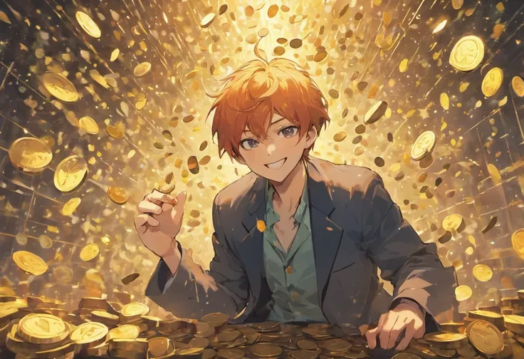 A Man,Smiling,Relaxing,goodlooking,Middle Age,Sitting in front of the PC,A lot of coins and banknotes are falling like rain behind him,Holding the cup in your hand,Lots of wad、Bright image、Clear facial expressions