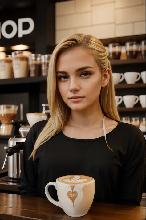 Hyper realistic photograph, Barista in black clothing,beautiful face, blonde, latte coffee, small white cup, high quality, detailed, ultrahd, 64k, masterpiece, behind bar