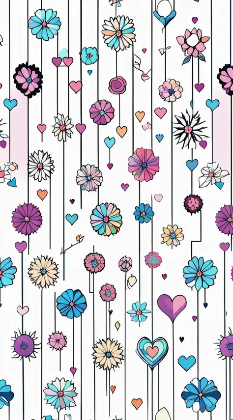 Close up of heart and flower pattern on white background, seamless pattern, pop pattern, colorful, abstract pattern, adorable pattern, wallpaper