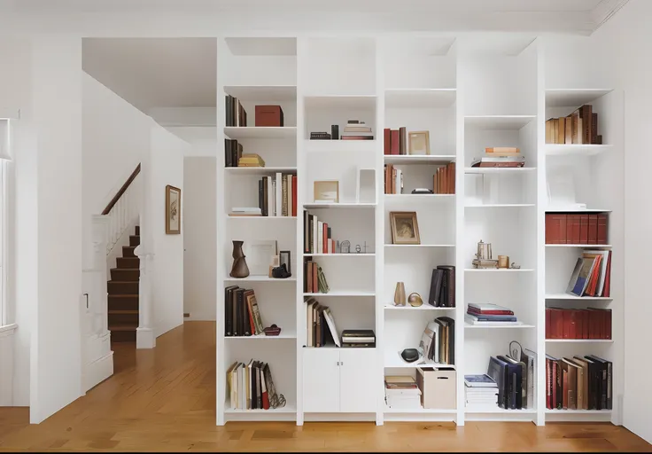 There is a bookshelf in one room，There are a lot of books on it, （Beige bookshelves），book shelf small library, bookshelves on sides, bookshelves, bookshelves, wall to wall bookcases, bookshelf, bookshelves, Book case, Stairs and bookshelves, endless hallwa...