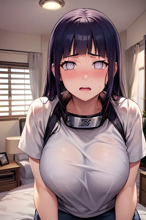 Hinata Hinata，White T-shirt for men，White eyes，Bigboobs，Stand in front of you，Modern rental housing，Naughty expression，Blush, (in a  bedroom)，Be red in the face，perspire，nase，perspire，