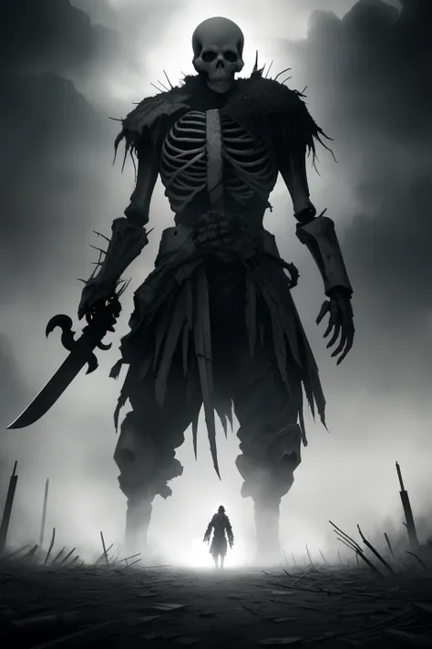 (skeleton warrior:1.1, standing with confidence),(apocalyptic world, post-apocalyptic),(massive battlefield),(huge sword pointed),(grim and dark atmosphere),(worn-out armor, tattered cape),(barren landscape),(ominous sky),(battle scars on his body),(intens...