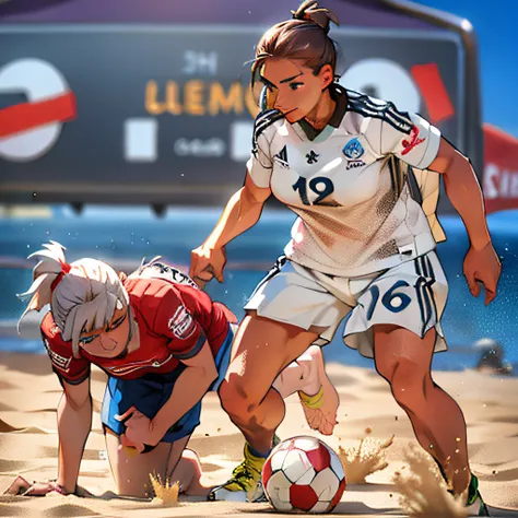 there are two women playing soccer on the sand in the sand, alexey egorov, marta syrko, aleksandra waliszewska, simona sbaffi is...