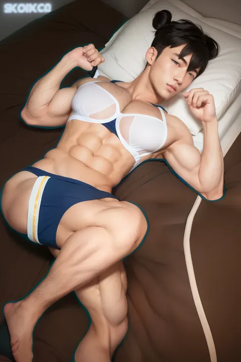 Man in bra top lying on bed, Seductive Anime Boy, Boy with black knotted chignon hair, Muscular men, masculine and muscular, very muscular, Sexy muscles, Ecchi anime style, Ecchi, Makoto, Full body!!