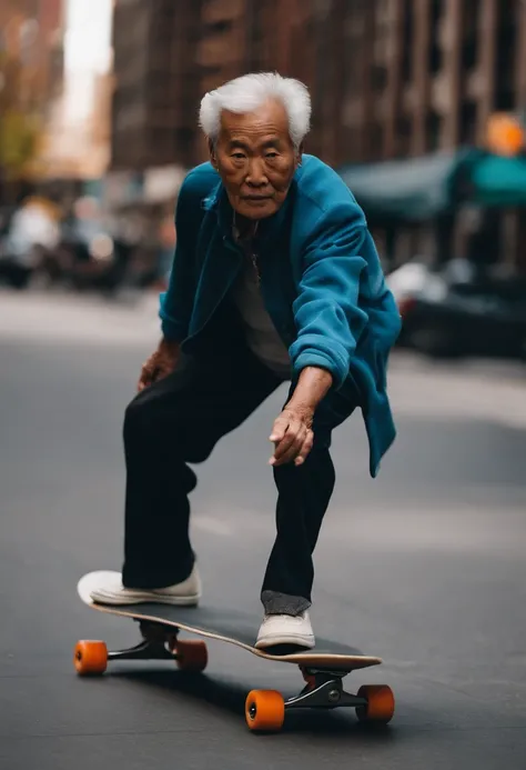 An 80-year-old Chinese man，Skateboarding on the street，The action of leaning over and gliding，Wearing clothes from the 1980s，The streets of New York，Buildings，45 degree viewing angle，The background is blurred out