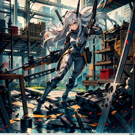 Girl with long gray hair, sharp eyebrows, having a rifle, wearing battlesuit, (Masterpiece), (Top image quality)