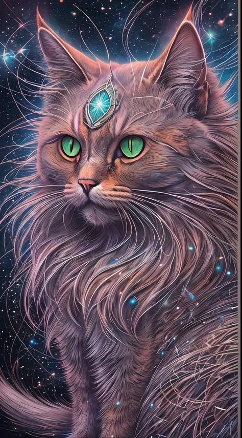 A galactic cat with a lot of hair on its head, Third eye, Gaze at something in the distance, Intricate details, electric, Fantasy art, anato finnstark, Emulsion coating, Highly detailed, Fuzzy Rutkovsky, hdr, ultra - detailed, rim-light, Faded, Dim