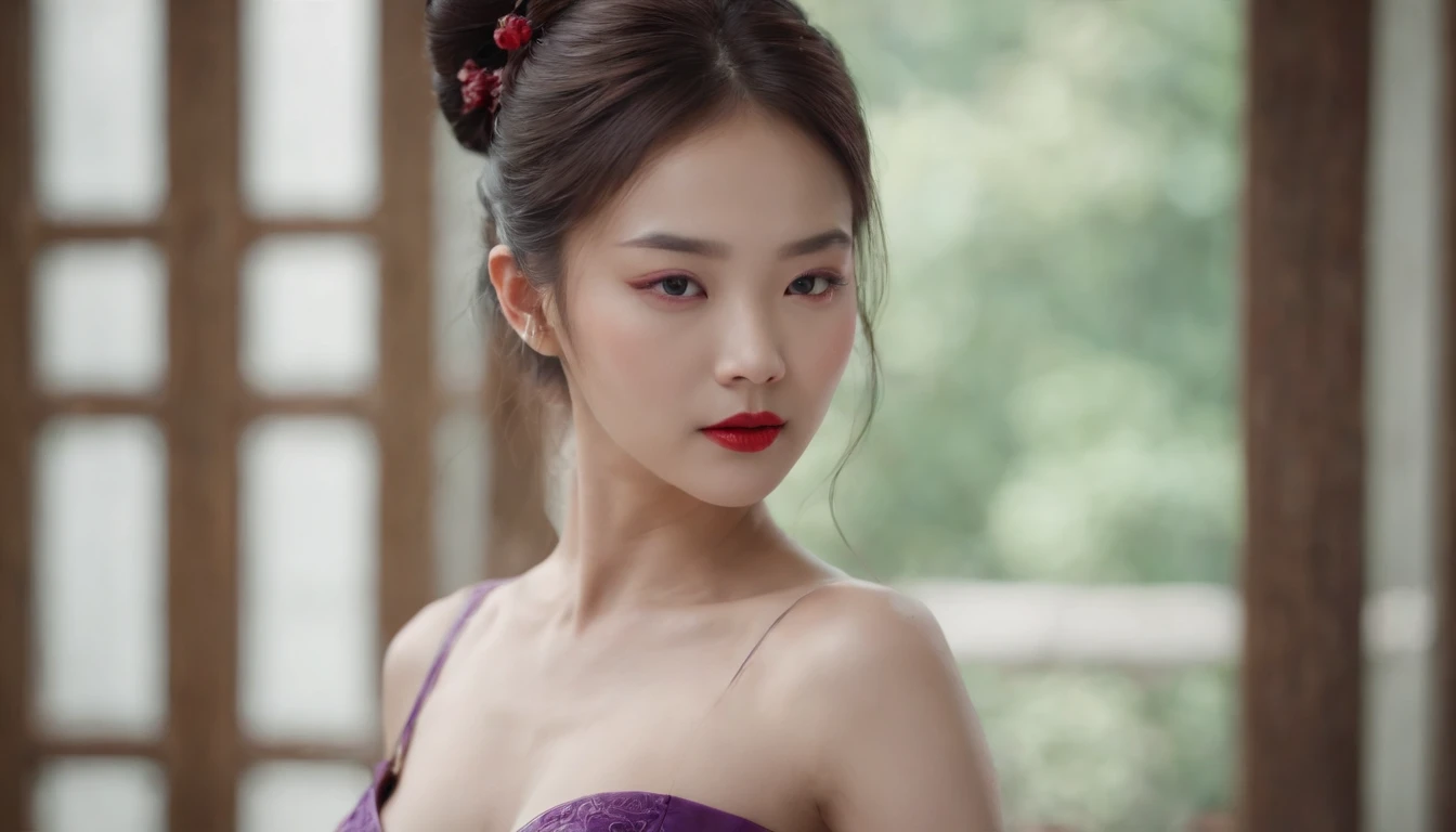 The whole body of a beautiful and moving Chinese girl，Armed with a purple demon long knife，Girly red lips，Charming eyes，Breasts appear full，with fair skin，The butt appears full，Anterior convex and posterior