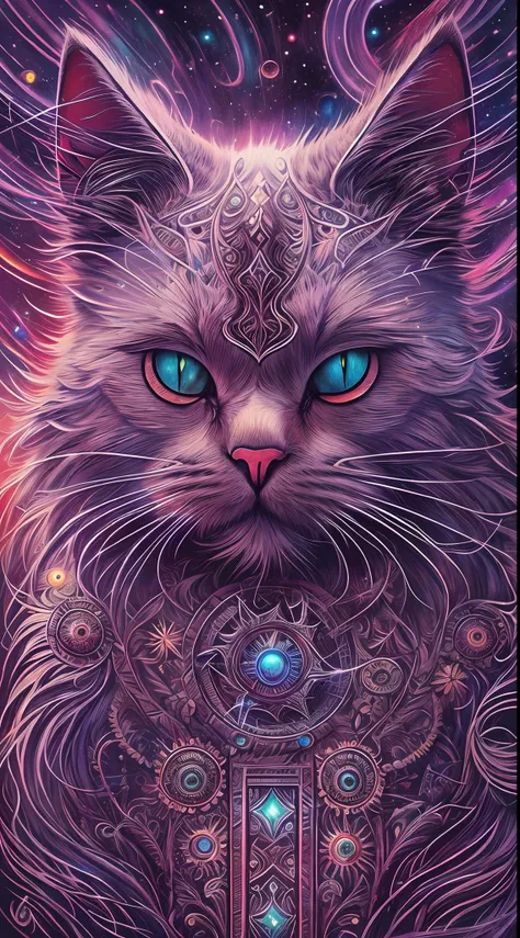 A galactic cat with a lot of hair on its head, Third eye, Gaze at something in the distance, Intricate details, electric, Fantasy art, anato finnstark, Emulsion coating, Highly detailed, Fuzzy Rutkovsky, hdr, ultra - detailed, rim-light, Faded, Dim