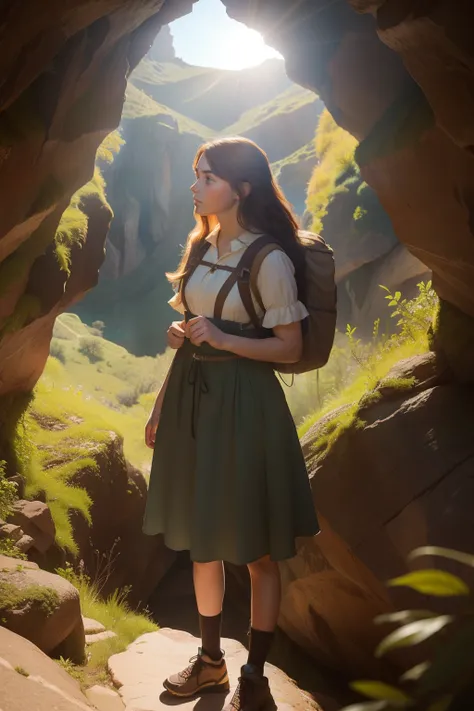 Date: 2017
Description:
Embrace the Pre-Raphaelite aesthetic to illustrate a teenage girl in contemporary hiking attire, exploring a mystical, sunlit canyon filled with vibrant rock formations and hidden caves, her curiosity and excitement palpable.