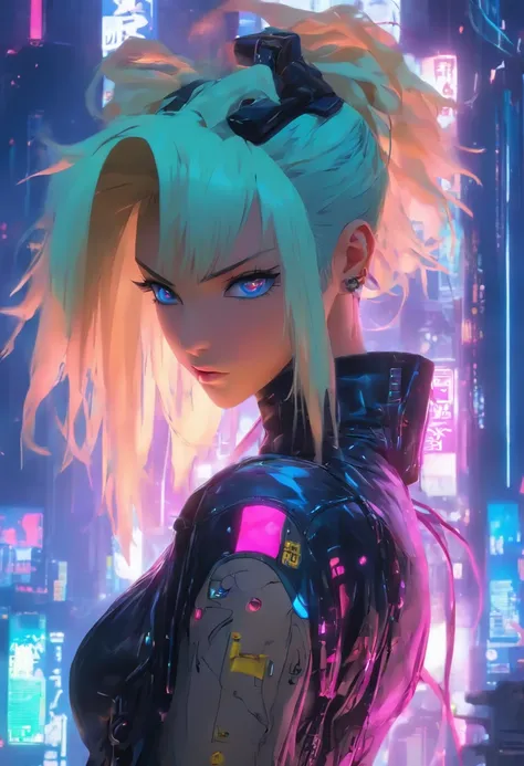 best qualtiy，tmasterpiece，超高分辨率，cyberpunk backgrouns，piercingeyes，1个Giant Breast Girl，blonde with blue eyes，looking at viewert，long whitr hair，Light makeup，cparted lips，Translucent leather clothing，Translucent thong，Get wet，Perfect beauty，Bare back，Stand s...