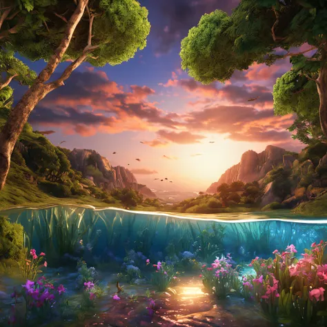 landscape, flowers, bushes, water,(extremely detailed CG unity 8k wallpaper), most beautiful artwork in the world, professional majestic oil painting, intricate, high resolution, Sharp focus, dramatic, photorealistic, painting art, hyper-realistic (Van Gou...