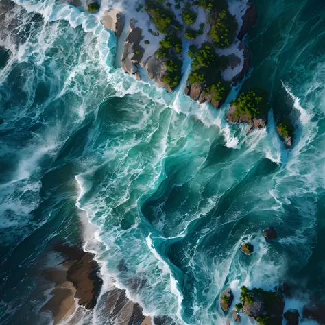 Aerial view of a body of water with rocks and trees, From above, Turbulent waves, drone photography, view from above on seascape, Crashing waves, shot from above, swell sea, blue crashing waves, stunning waves, shot from drone, 4k drone photography, foamy ...