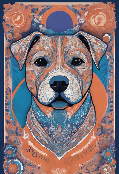 the dog is in bluein this paper cut illustration, in the style of eastern-inspired motifs, lith printing, eye-catching tags, precisionist lines, light purple and cblue, clean and sharp inking, terracotta medallions