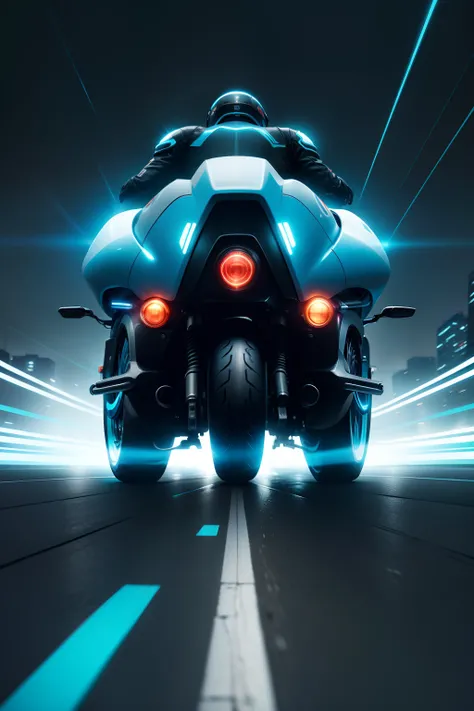 Futuristic motorcycle，Riding，sport，Cool blue light effect，Drive in a straight line，behind view，down view