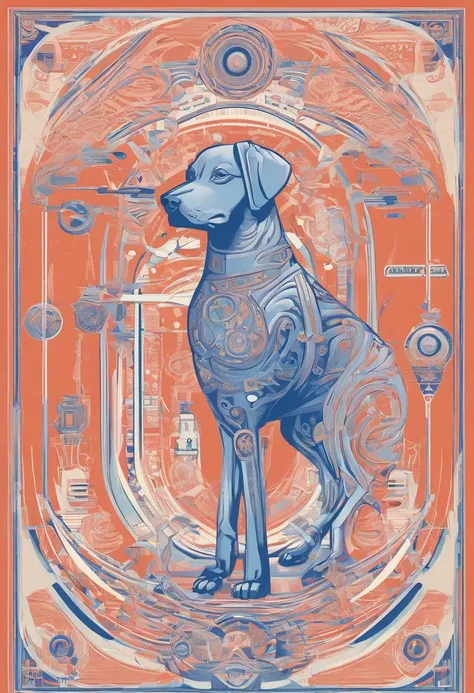 the dog is in bluein this paper cut illustration, in the style of eastern-inspired motifs, lith printing, eye-catching tags, precisionist lines, light purple and cblue, clean and sharp inking, terracotta medallions