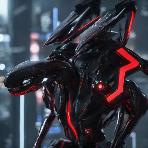 An alien，Solo，full bodyesbian，Humanoid，mechs，(Wearing inky black clothes/Mecha with red zirconia ceramic surface:1.5)，(((Hard surface properties)))，(((streamlined line design)))，It has refined features in a sci-fi environment,with light glowing, Sparks and...