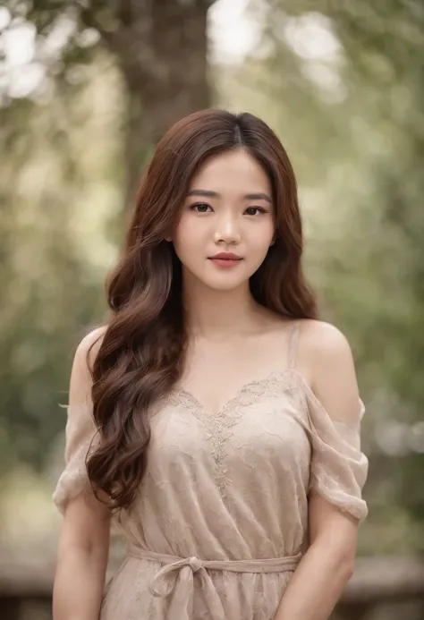 27 years old, enigma, gorgeous, asian girl, wearing casual dress, long curl brown hair, full body