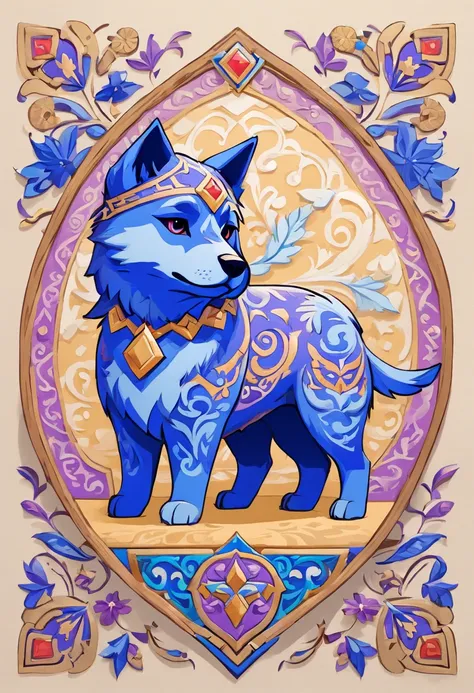 the dog is in bluein this paper cut illustration, in the style of eastern-inspired motifs, lith printing, eye-catching tags, precisionist lines, light purple and cblue, clean and sharp inking, terracotta medallions