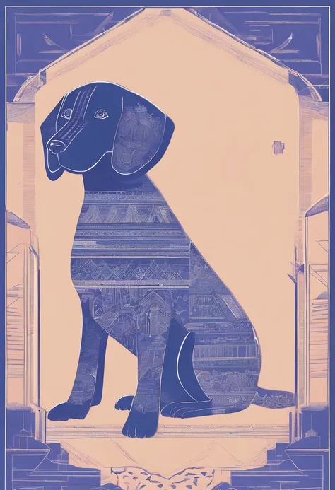 the dog is in bluein this paper cut illustration, in the style of eastern-inspired motifs, lith printing, eye-catching tags, precisionist lines, light purple and cblue, clean and sharp inking, terracotta medallions