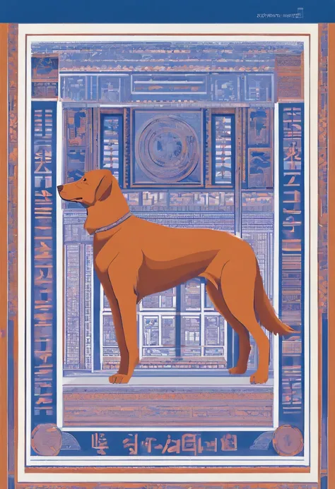 the dog is in bluein this paper cut illustration, in the style of eastern-inspired motifs, lith printing, eye-catching tags, precisionist lines, light purple and cblue, clean and sharp inking, terracotta medallions