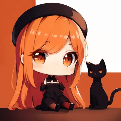 masterpiece, detail, soft lighting, long redhead goth cat girl, orange-eyed chibi, white background, simple background