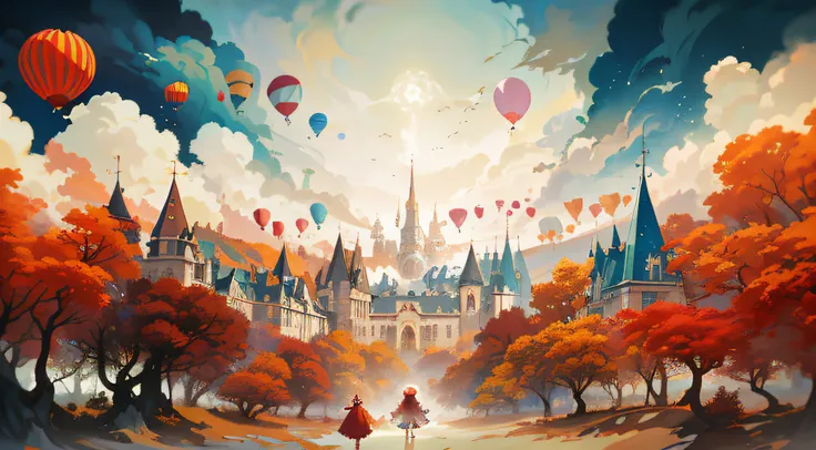 There are balloons in the sky, A beautiful artwork illustration, beautiful render of a fairytale, cyril rolando and m. Kaluta, cyril rolando and m.Kaluta, cyril rolando and goro fujita, Beautiful art UHD 4 K, whimsical fantasy landscape art, Beautiful digi...