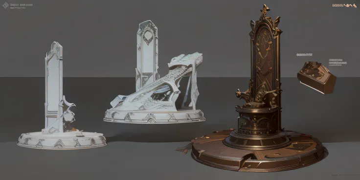 There are three different types of clocks on the table, object concept art, artstation concept, trending on polycount, artstation concept art, Gothic epic library concept, polycount contest winner, senior concept artist, as seen on artstation, by senior en...