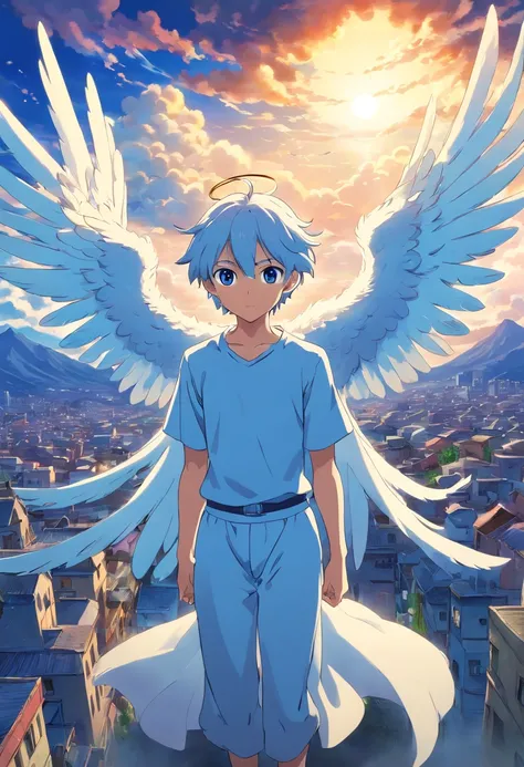 An anime full small white body body angel, really skinny, glowing dark blue halos on his head, glowing dark blue eyes, a few glowing blue patterns on his chest, tears from his eyes, big white eagle wing on his back, flying in the sky (clouds, city, mountai...