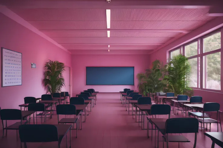 backroom, liminal space, Level-190, School Detention, inside, corridor, dark, dark room, lights out, dark, (((classroom))),
large room, red lighting, blue lighting, floor reflection, pink wall, water, blue water, plant, infinity corridor,
(photorealistic),...