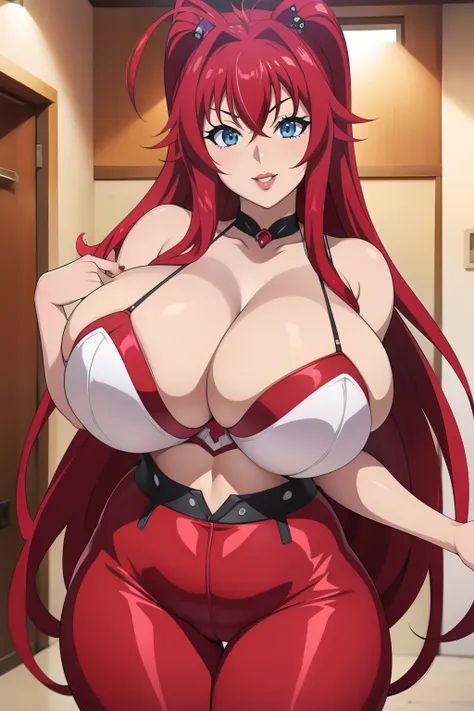 Highschool dxd, Rias Gremory,1girl, (((bimbo))), long red hair , blue eyes, ear rings, (((bimbo))), puffy lips, painted lips, thick lips, smile face, wide hips, thick thighs, black jeans, bra, huge round ass, huge natural Hitomi Tanaka breasts, posing,