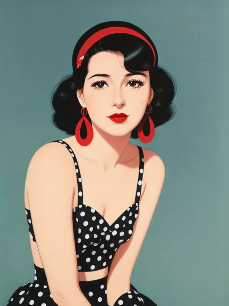 polka dots on background　woman posing alone　wearing red lipstick and small black earrings、in the axis of light、　taisho roman　jap...