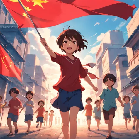 The boy raises a red flag in front of a group of children,Flag in hand,   cheerful big breasts, Children, Chinese big breasts, Very excited, More details, a cheerful atmosphere，Pure red flag